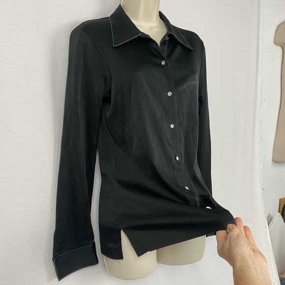 VTG Nicole Miller Stretch Satin Top 10 Large Black Crystal Button Glam Academia - Picture 3 of 13